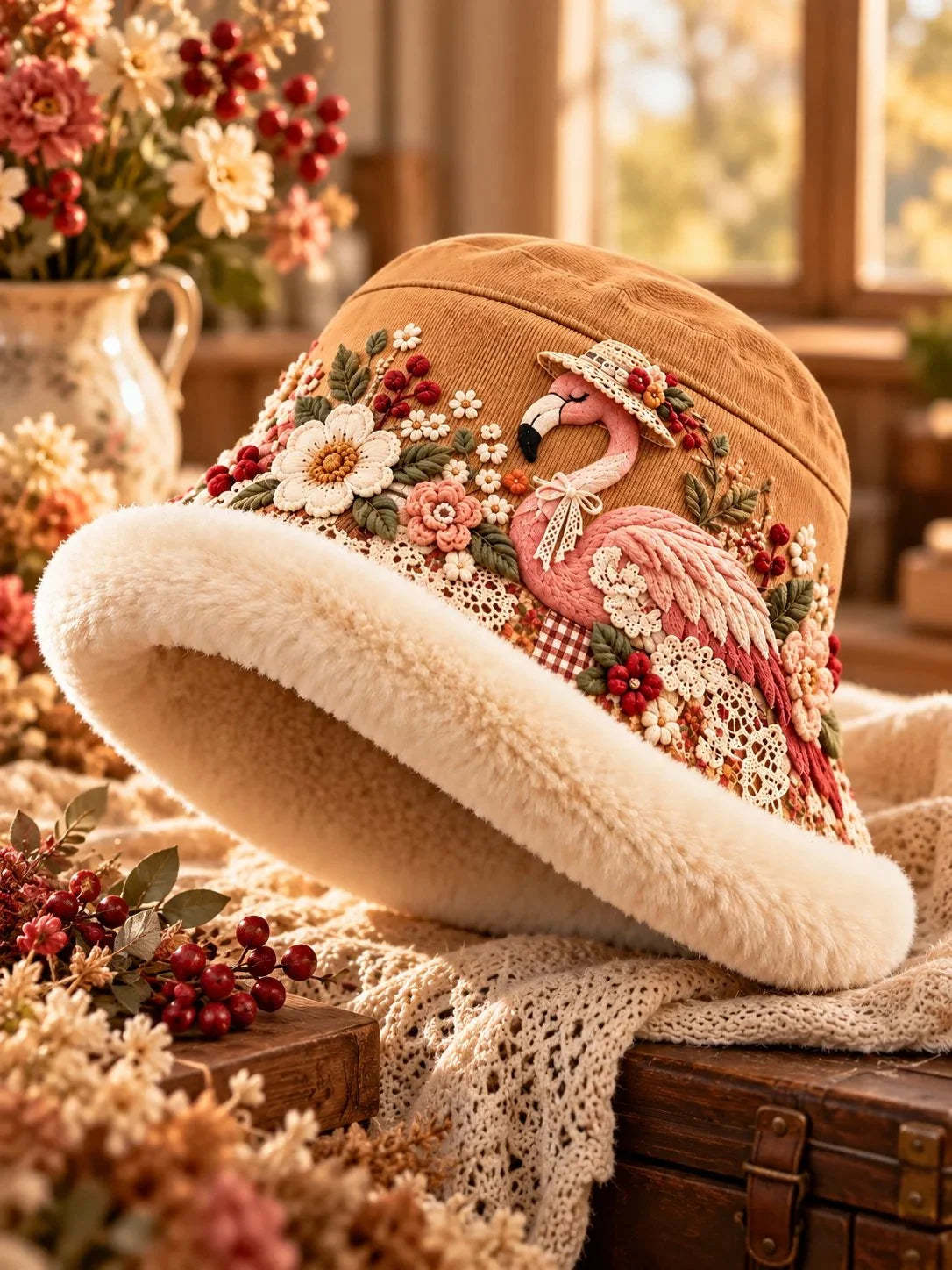Women’s Cozy Plush-Lined Winter Bucket Hat – Floral & Animal Designs