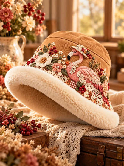 Women’s Cozy Plush-Lined Winter Bucket Hat – Floral & Animal Designs