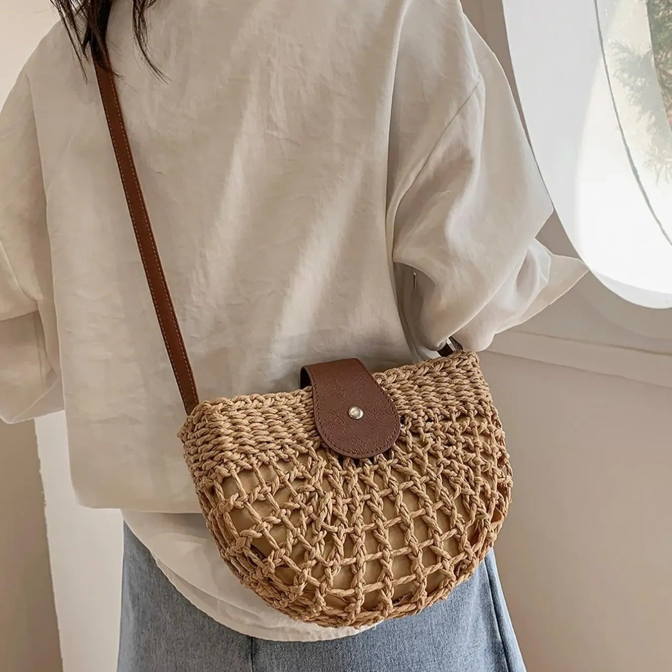 Women's Boho Semicircular Shape Hollow out Straw Bag
