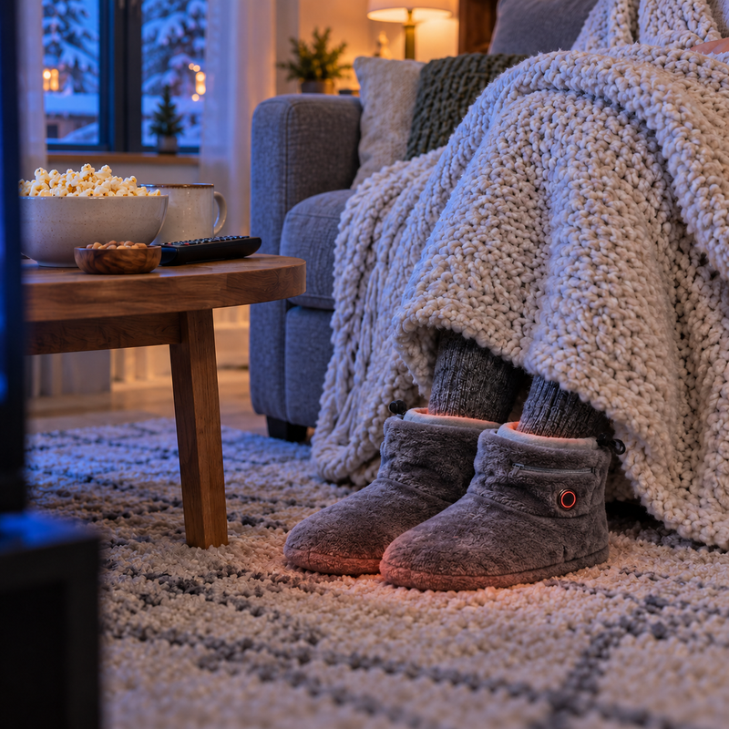 Same movie night scene with heated plush slipper boots