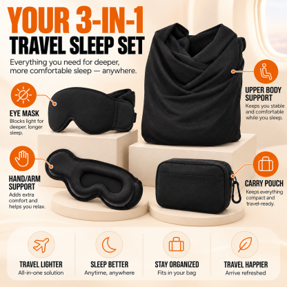3-in-1 Travel Sleep Support System – Head Support, Eye Mask & Arm Rest