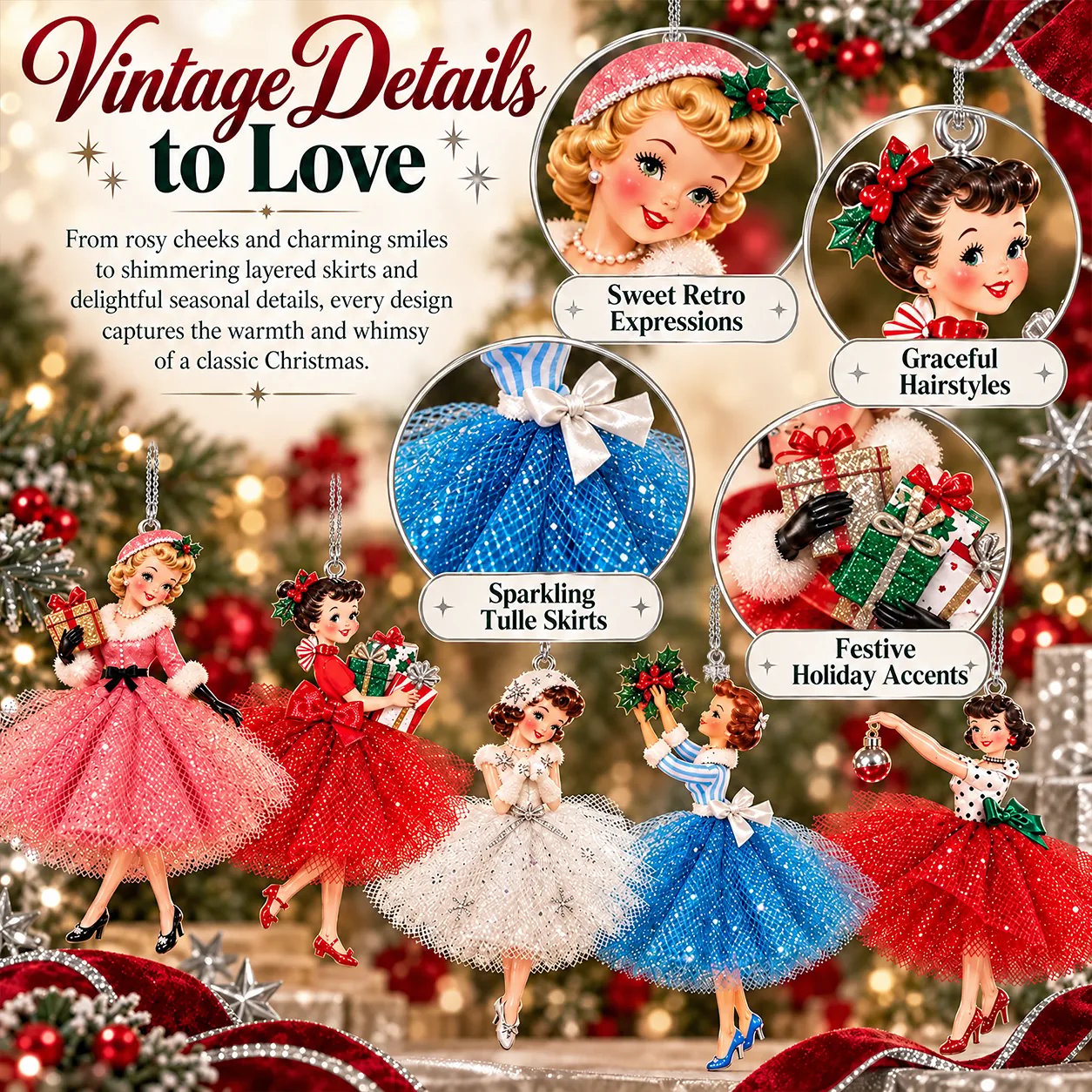 Close-up of retro faces, festive presents, hairstyles and sparkling tulle skirts
