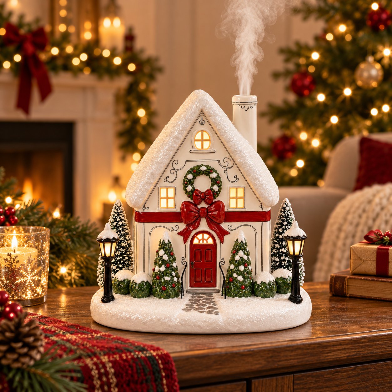 Christmas House Aroma Diffuser – Gentle Mist & Glowing Windows