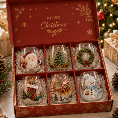 Magical Christmas 3D Glass Cup Collection – Santa, Reindeer, Snowman & Christmas Tree
