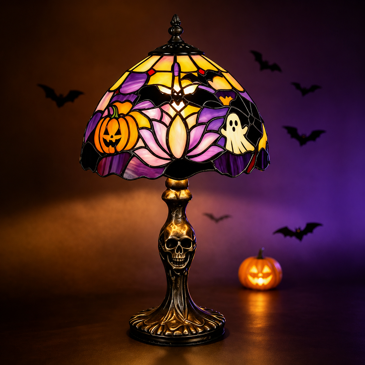 Spooky Glow Tiffany Lamp Pumpkin Ghost Bat Halloween Desk Light