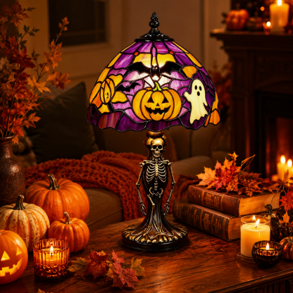 Spooky Glow Tiffany Lamp Pumpkin Ghost Bat Halloween Desk Light