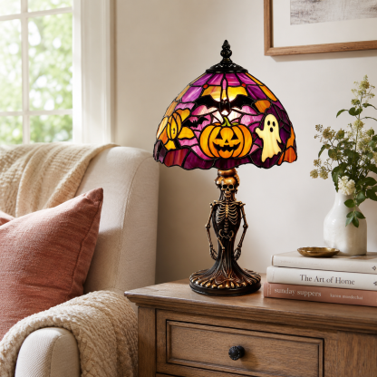 Spooky Glow Tiffany Lamp Pumpkin Ghost Bat Halloween Desk Light