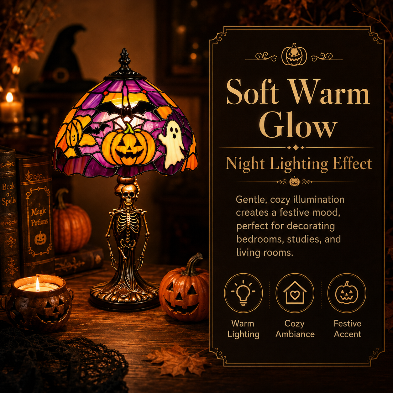 Spooky Glow Tiffany Lamp Pumpkin Ghost Bat Halloween Desk Light