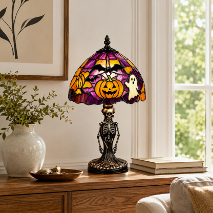 Spooky Glow Tiffany Lamp Pumpkin Ghost Bat Halloween Desk Light