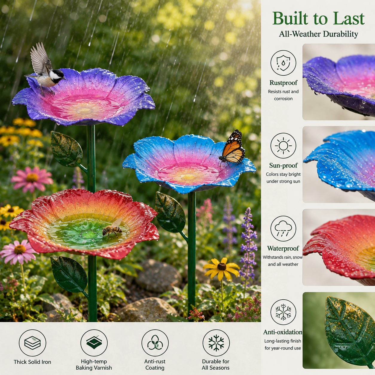 Rainbow Gradient Metal Flower Bird Bath Stake, 3-Piece Floral Standing Bird Feeder, Outdoor Garden Pollinator Water Bowl