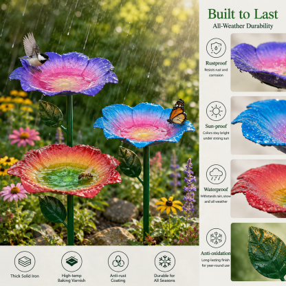 Rainbow Gradient Metal Flower Bird Bath Stake, 3-Piece Floral Standing Bird Feeder, Outdoor Garden Pollinator Water Bowl