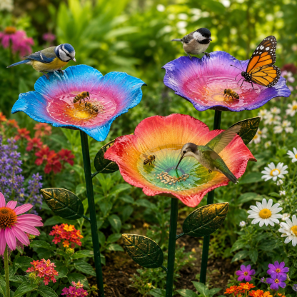 Rainbow Gradient Metal Flower Bird Bath Stake, 3-Piece Floral Standing Bird Feeder, Outdoor Garden Pollinator Water Bowl