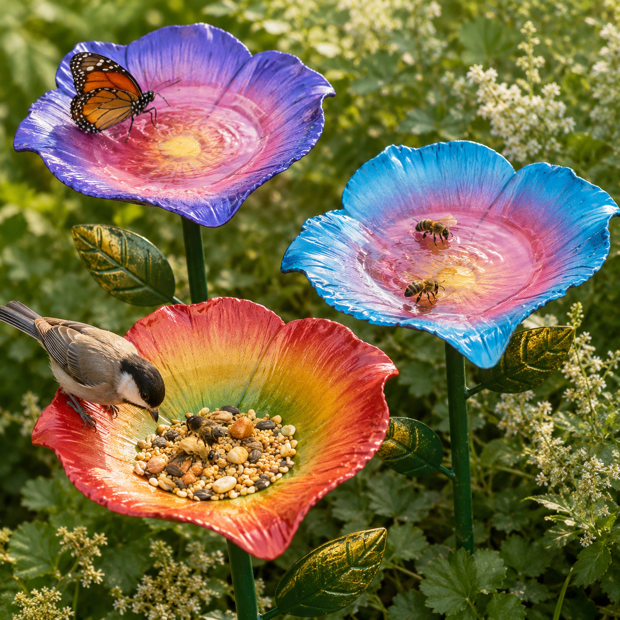 Rainbow Gradient Metal Flower Bird Bath Stake, 3-Piece Floral Standing Bird Feeder, Outdoor Garden Pollinator Water Bowl