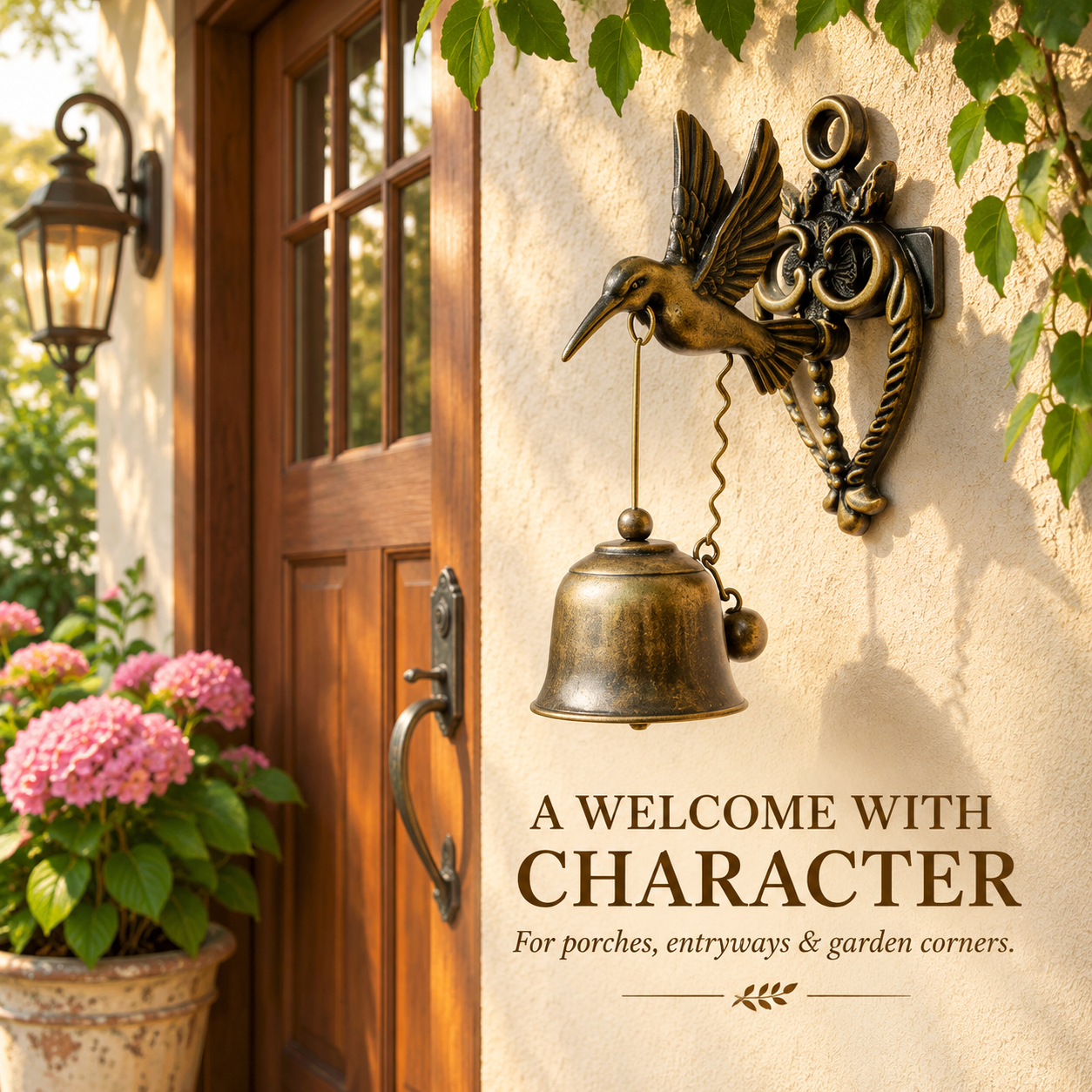 Ornate hummingbird wall bell displayed in a warm cottage-style entryway