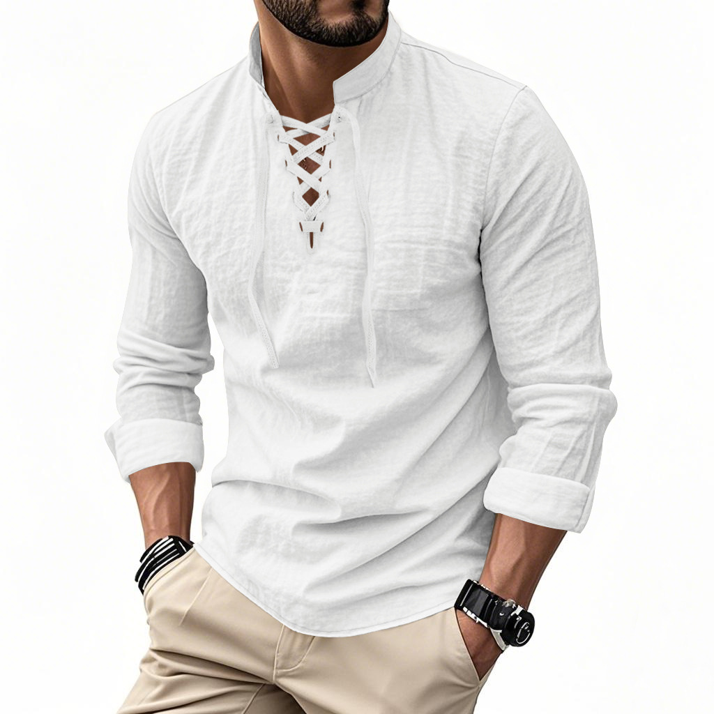 Men's Vintage V-neck T-shirt Linen Pirate Medieval Viking Gothic Tops Shirts Long Sleeved