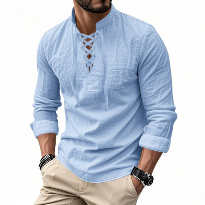 Men's Vintage V-neck T-shirt Linen Pirate Medieval Viking Gothic Tops Shirts Long Sleeved