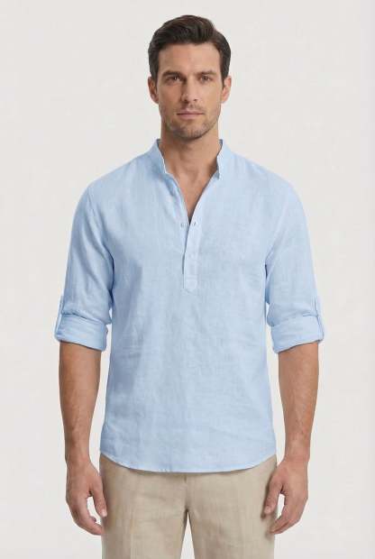 Men's Shirt Lightweight Linen Relaxed Fit Mandarin Collar Casual