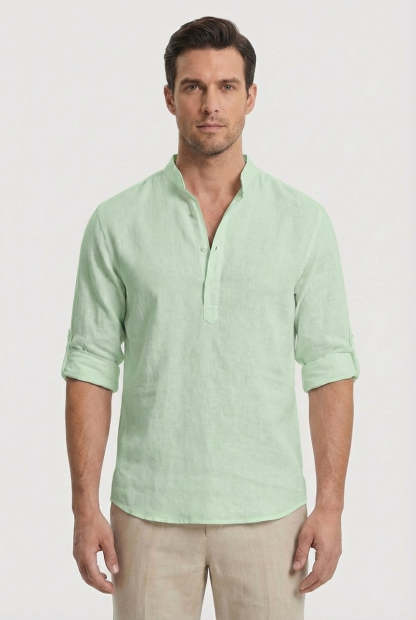 Men's Shirt Lightweight Linen Relaxed Fit Mandarin Collar Casual