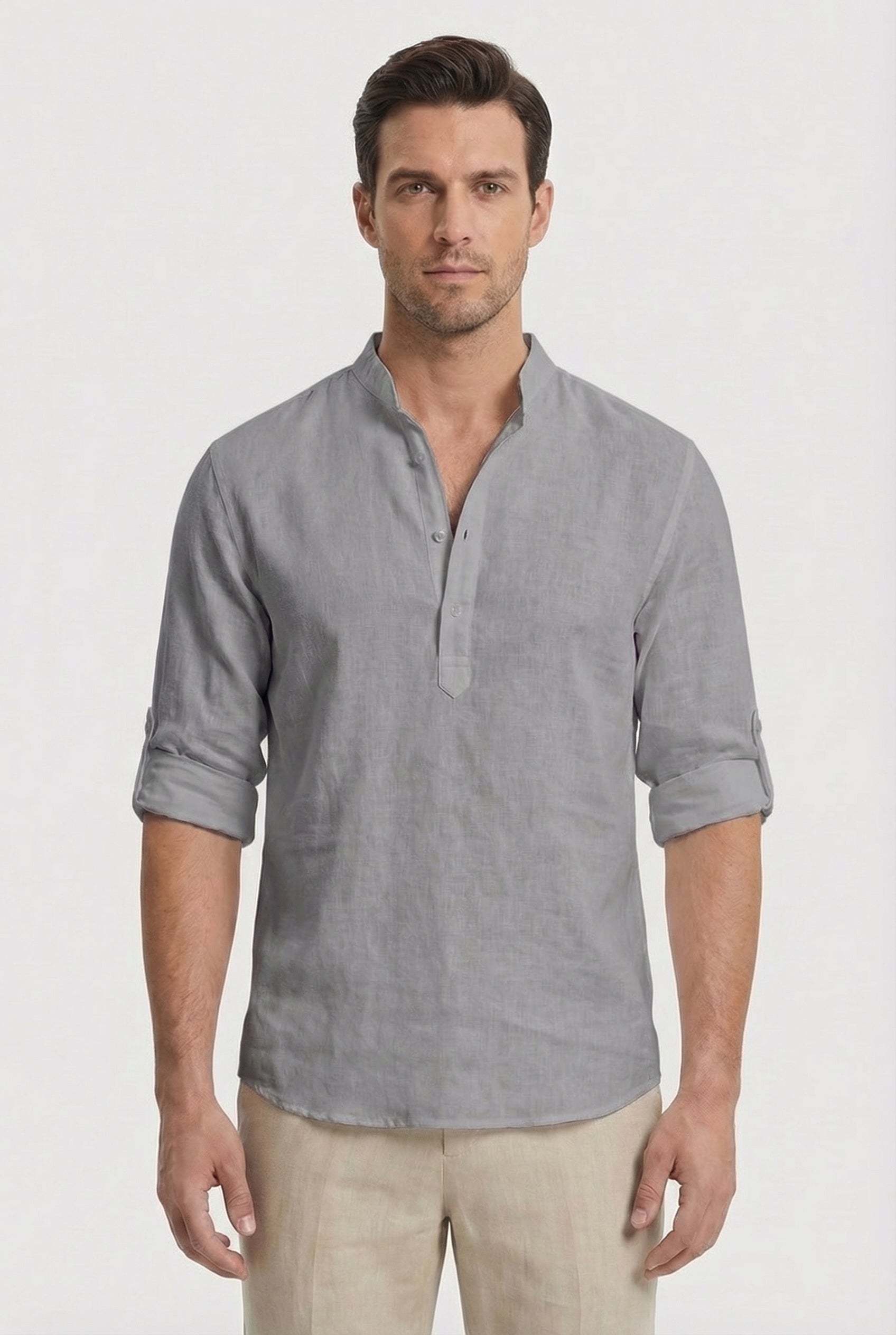 Men's Shirt Lightweight Linen Relaxed Fit Mandarin Collar Casual