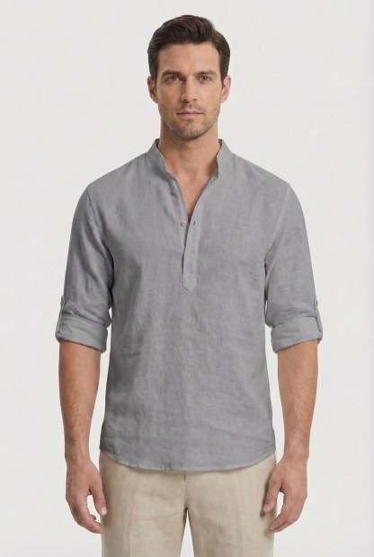 Men's Shirt Lightweight Linen Relaxed Fit Mandarin Collar Casual