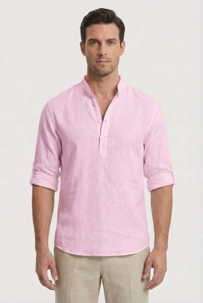 Men's Shirt Lightweight Linen Relaxed Fit Mandarin Collar Casual