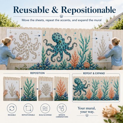 Reusable Ocean Octopus Mural Stencil Set | Bring Plain Walls & Fences to Life with a Bold Underwater Scene