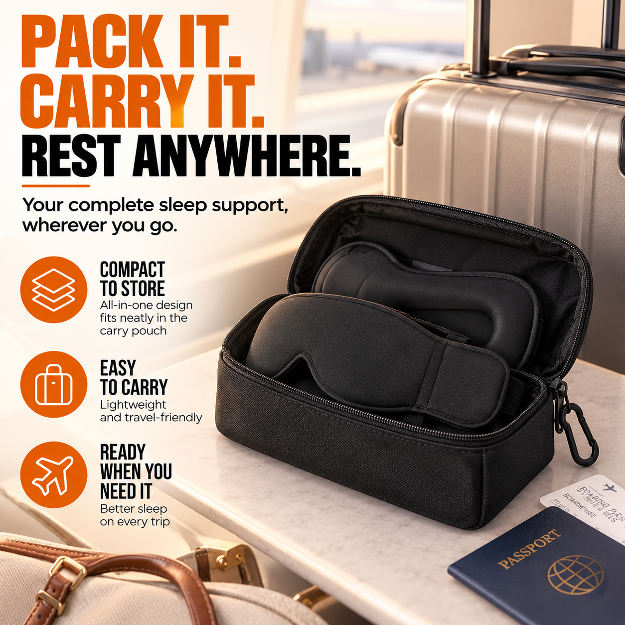 Travel sleep accessories stored together in compact carrying pouch beside luggage