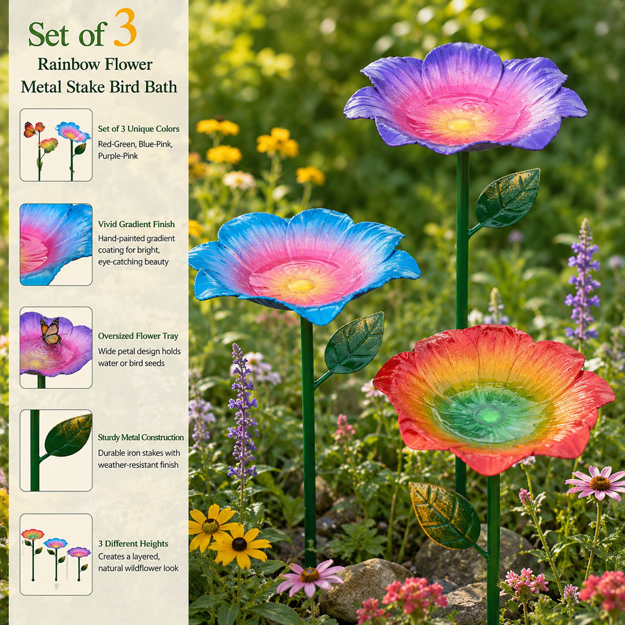 Rainbow Gradient Metal Flower Bird Bath Stake, 3-Piece Floral Standing Bird Feeder, Outdoor Garden Pollinator Water Bowl