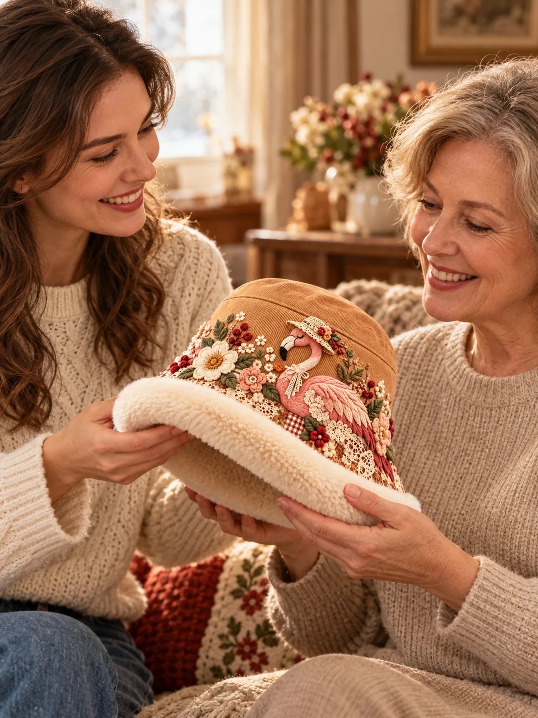 Daughter and mother sharing the Floral Flamingo embroidered winter hat as a thoughtful gift