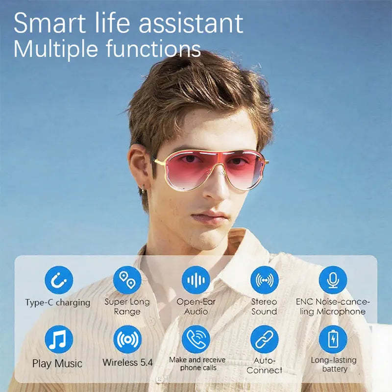 Smart Bluetooth 5.4 Sunglasses with Open-Ear Audio Blue Light Blocking UV Protection Waterproof