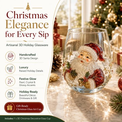 3D Christmas Glass Art Cup | Luxury Raised Holiday Glassware for Drinks, Decor & Christmas Gifts