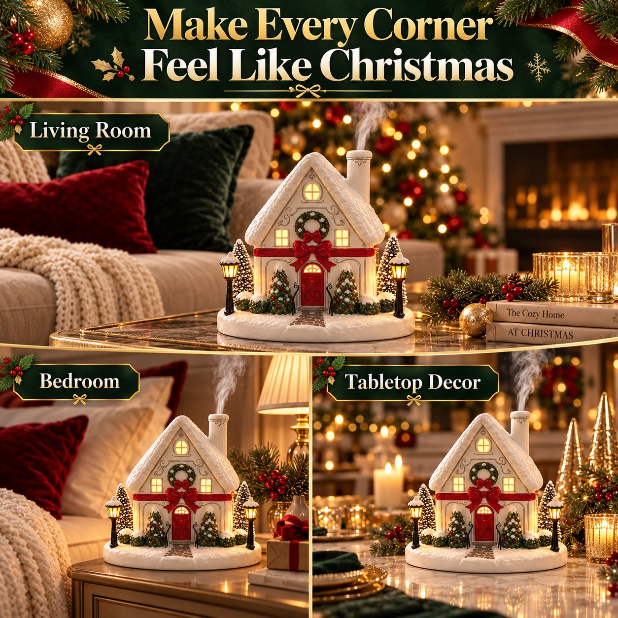 Christmas House Aroma Diffuser – Gentle Mist & Glowing Windows