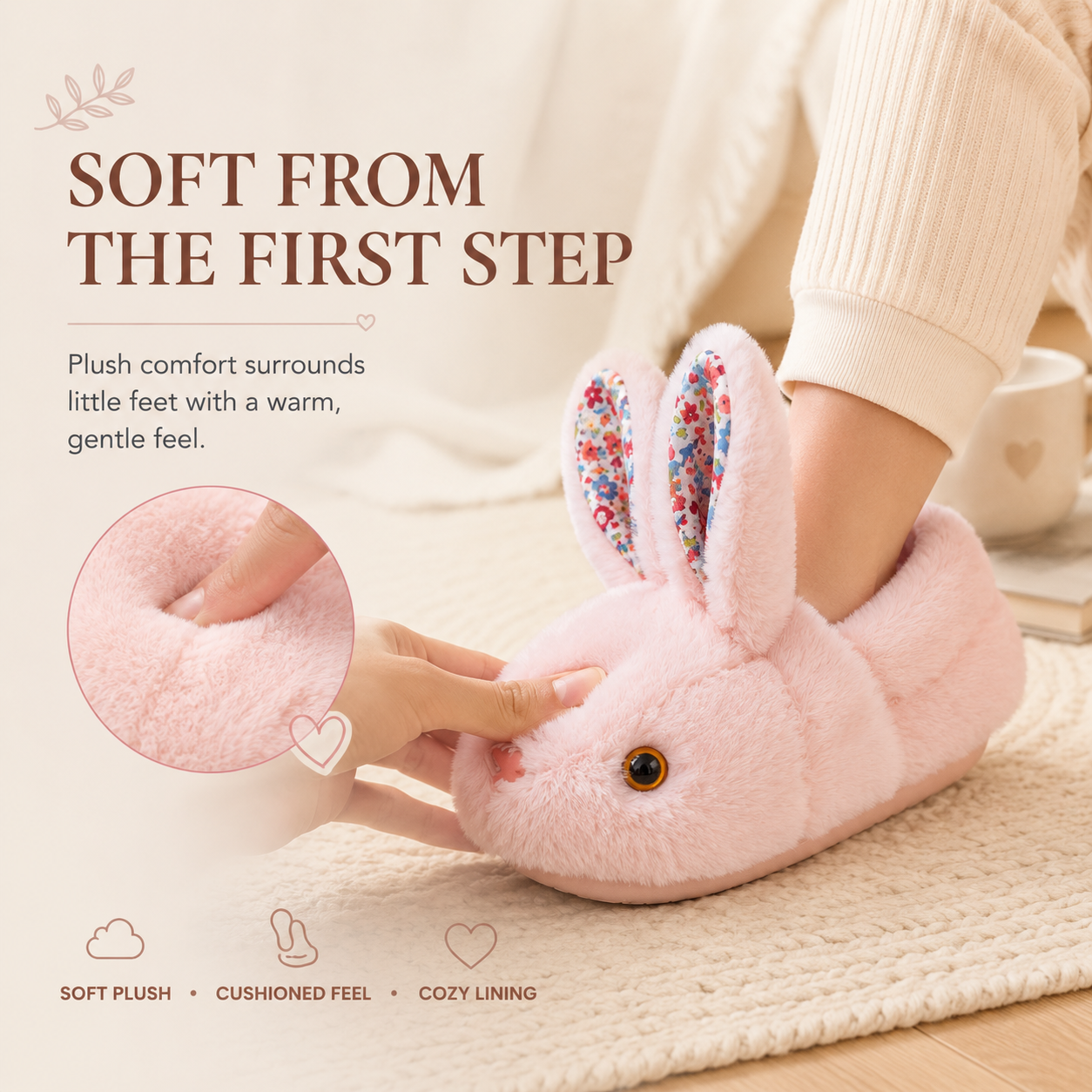 Cozy Bunny House Slippers for Kids – Plush 3D Ears, Floral Details & Textured Indoor Sole