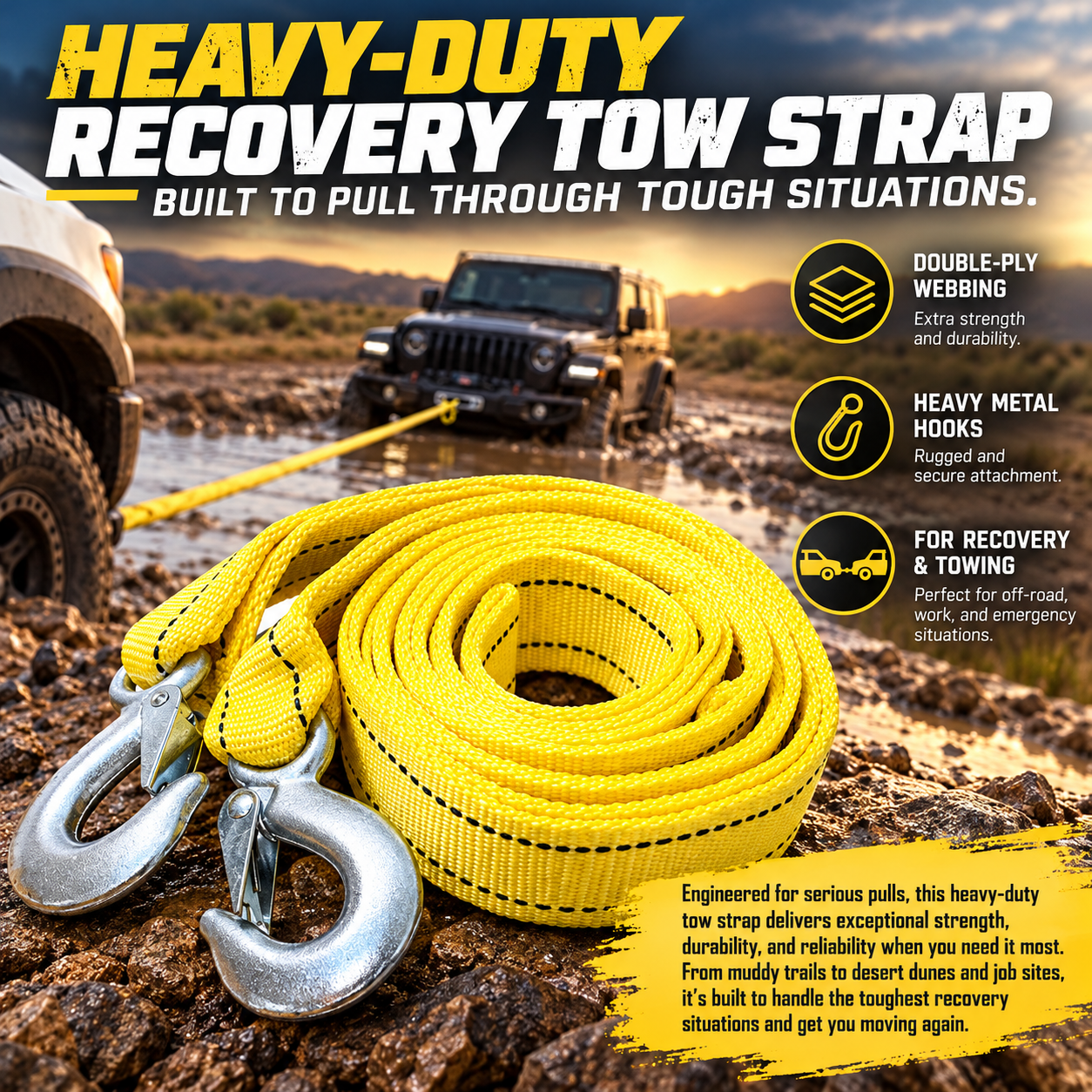 Heavy-Duty Recovery Tow Strap with Hooks – Strong Towing Rope for Trucks, SUVs & Off-Road Vehicles