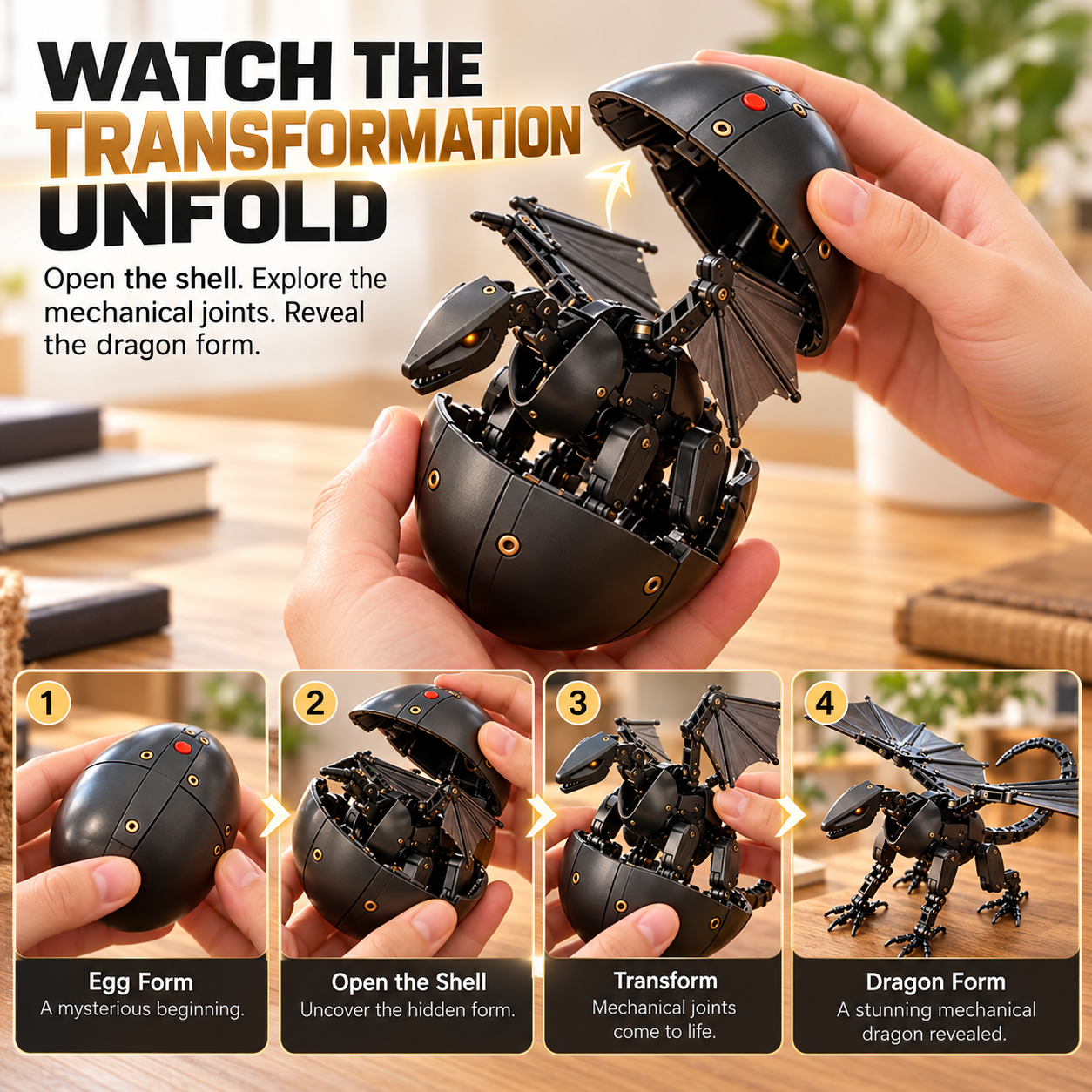 Illustrated egg-to-dragon transformation sequence