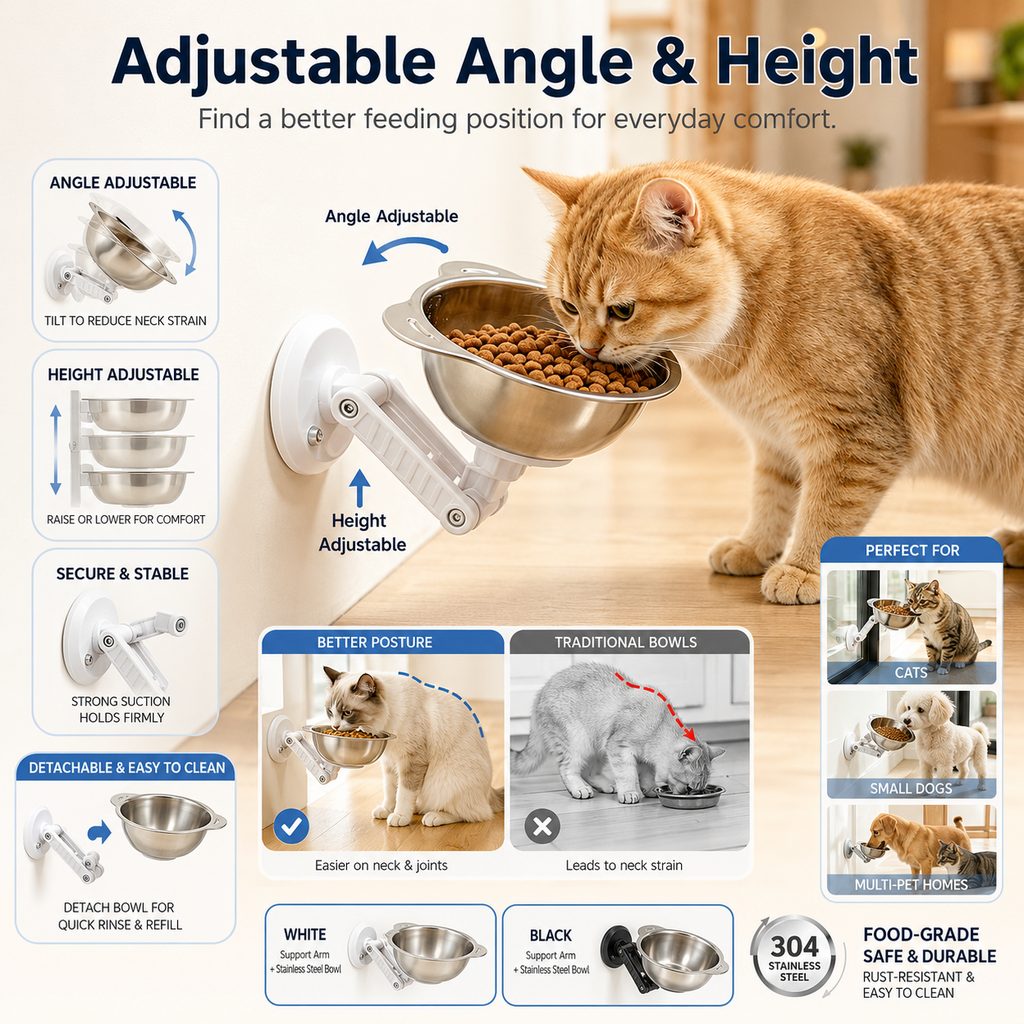 No-Drill Wall-Mounted Pet Bowl for Small Dogs & Cats - Elevated Feeding for Cleaner Floors