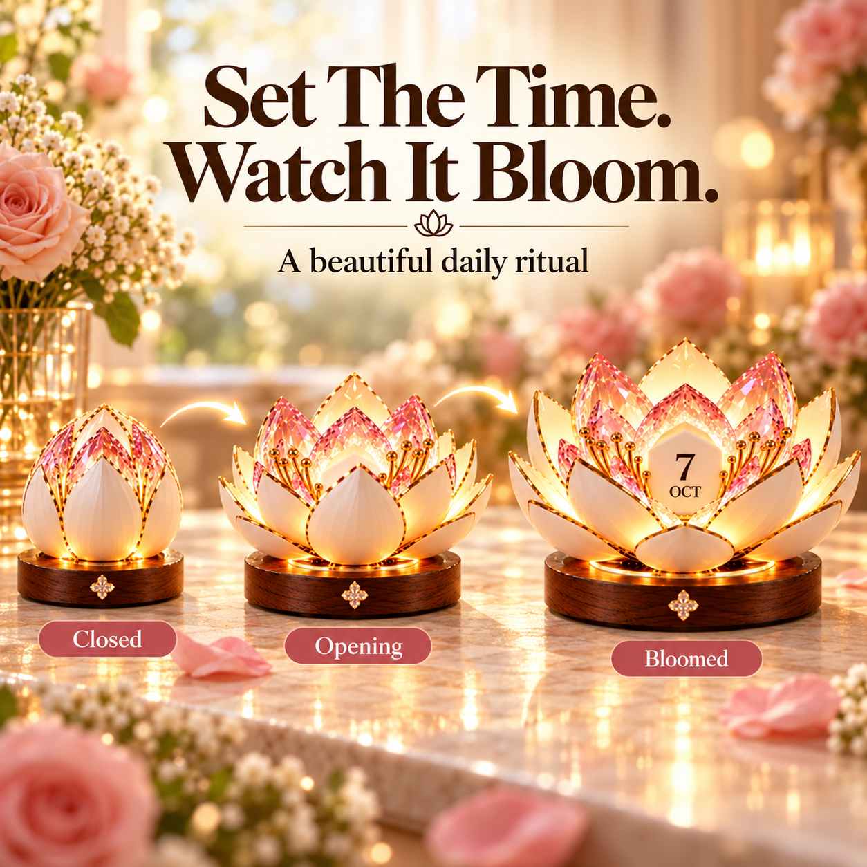 Closed, opening, and bloomed stages of the flower calendar