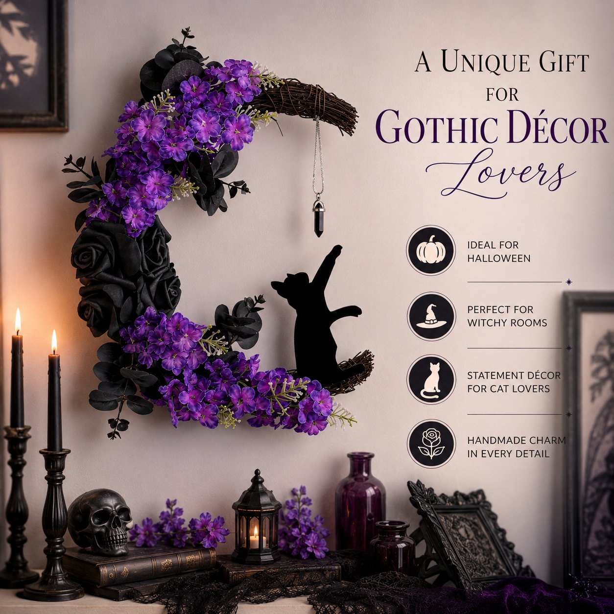 Halloween crescent moon cat wreath with purple glow