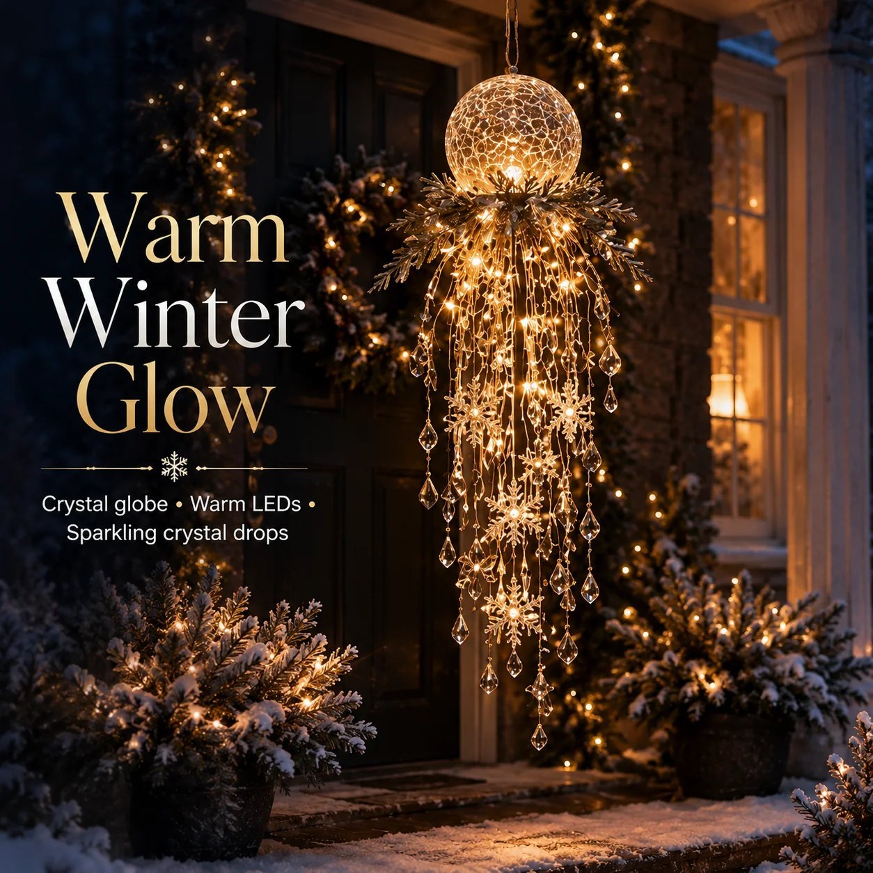 Crystal Cascade Christmas Hanging Porch Light – Overhead LED Crystal Waterfall