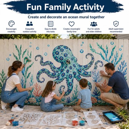 Reusable Ocean Octopus Mural Stencil Set | Bring Plain Walls & Fences to Life with a Bold Underwater Scene