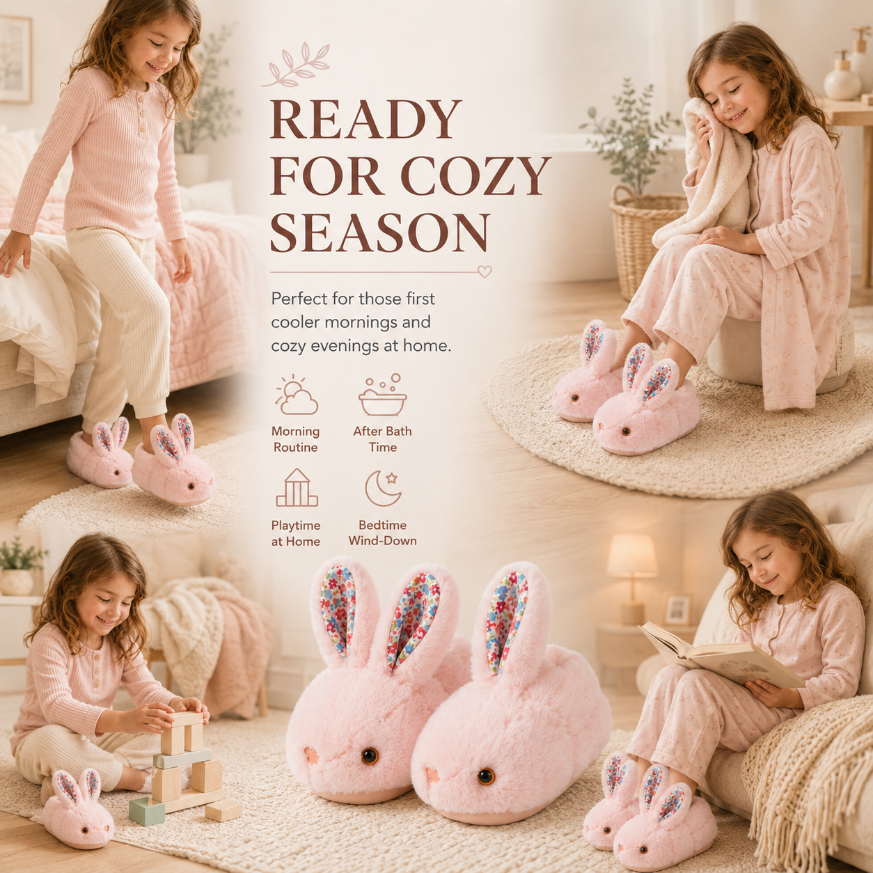 Cozy Bunny House Slippers for Kids – Plush 3D Ears, Floral Details & Textured Indoor Sole