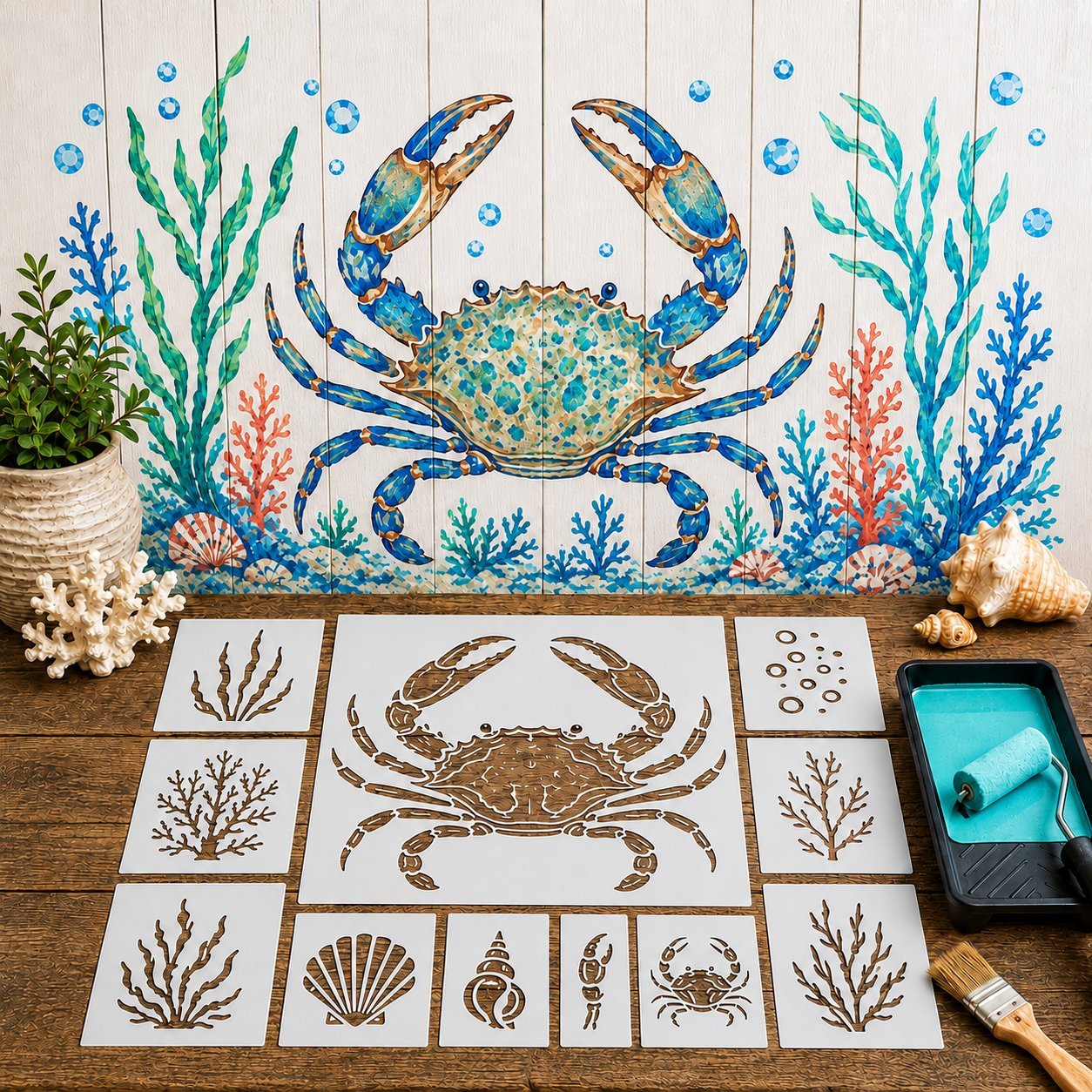 Reusable Ocean Octopus Mural Stencil Set | Bring Plain Walls & Fences to Life with a Bold Underwater Scene