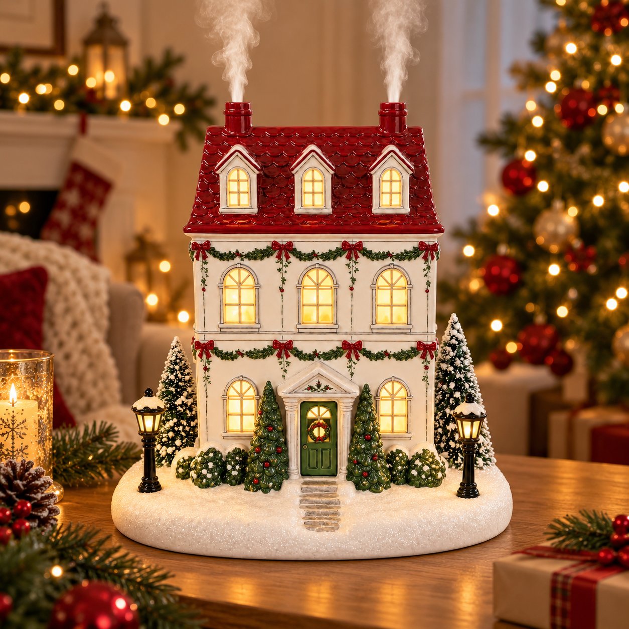Christmas House Aroma Diffuser – Gentle Mist & Glowing Windows