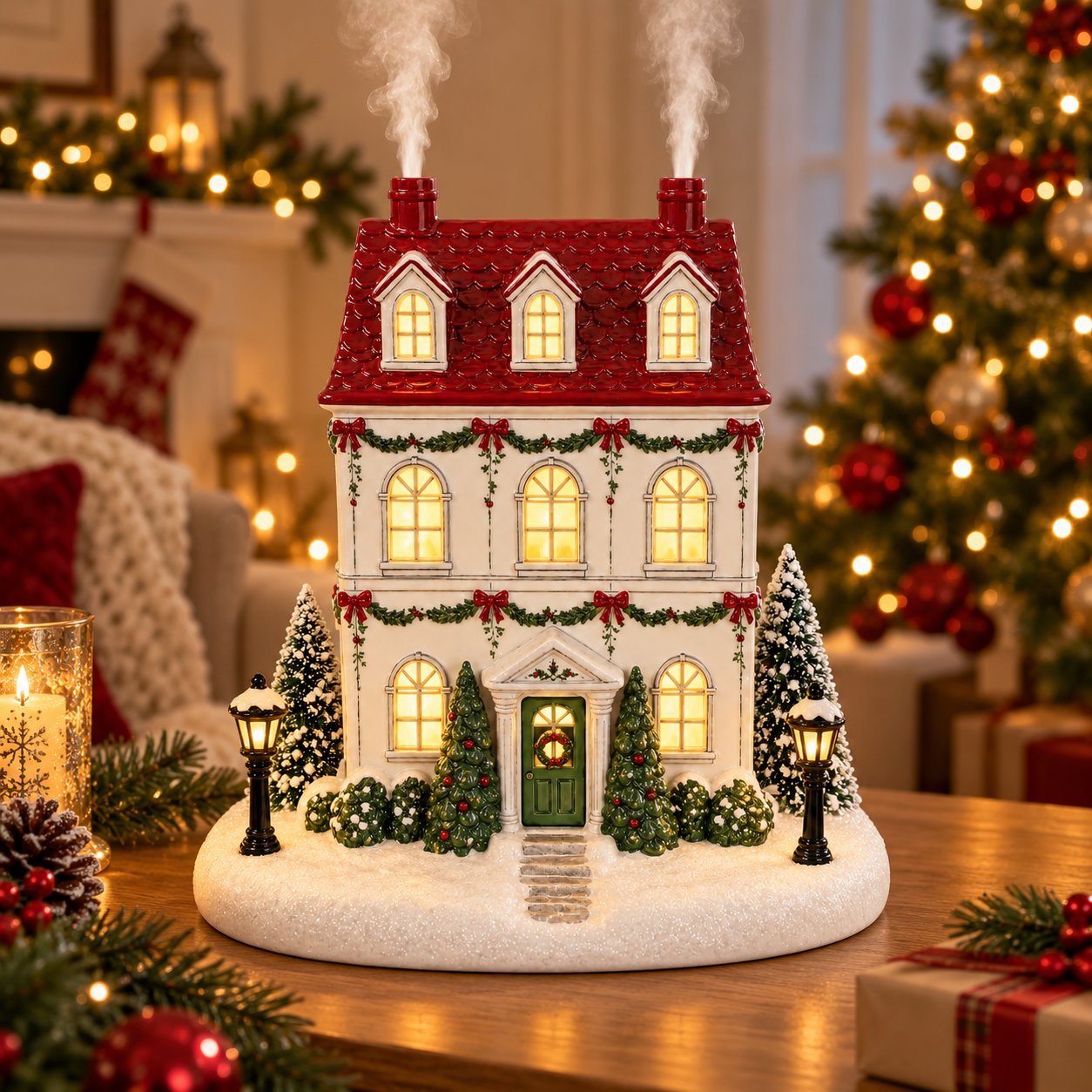 Christmas House Aroma Diffuser – Gentle Mist & Glowing Windows