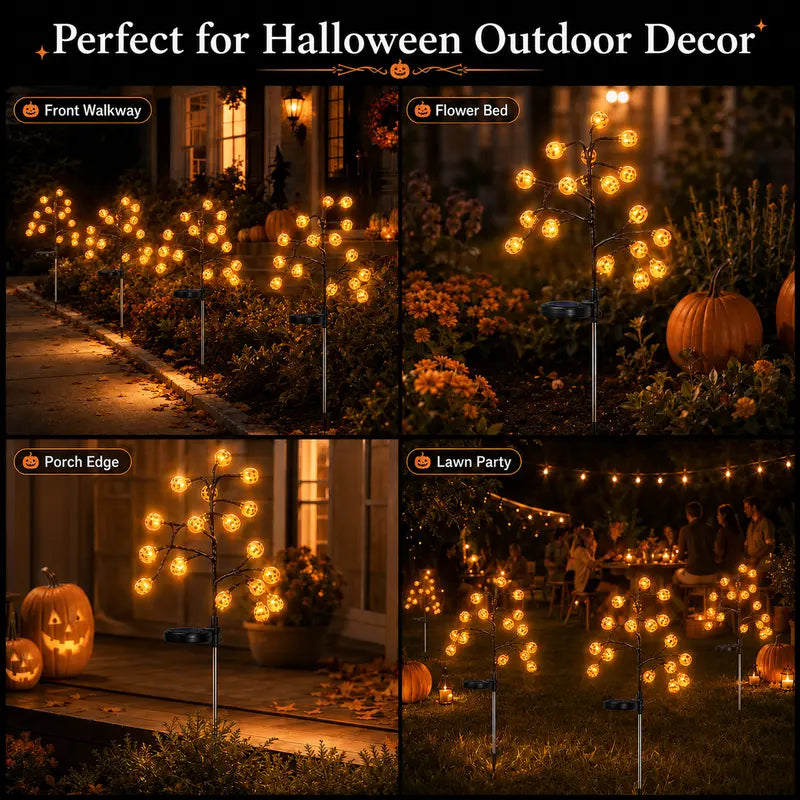 Solar powered pumpkin stake light charging by day and glowing at night