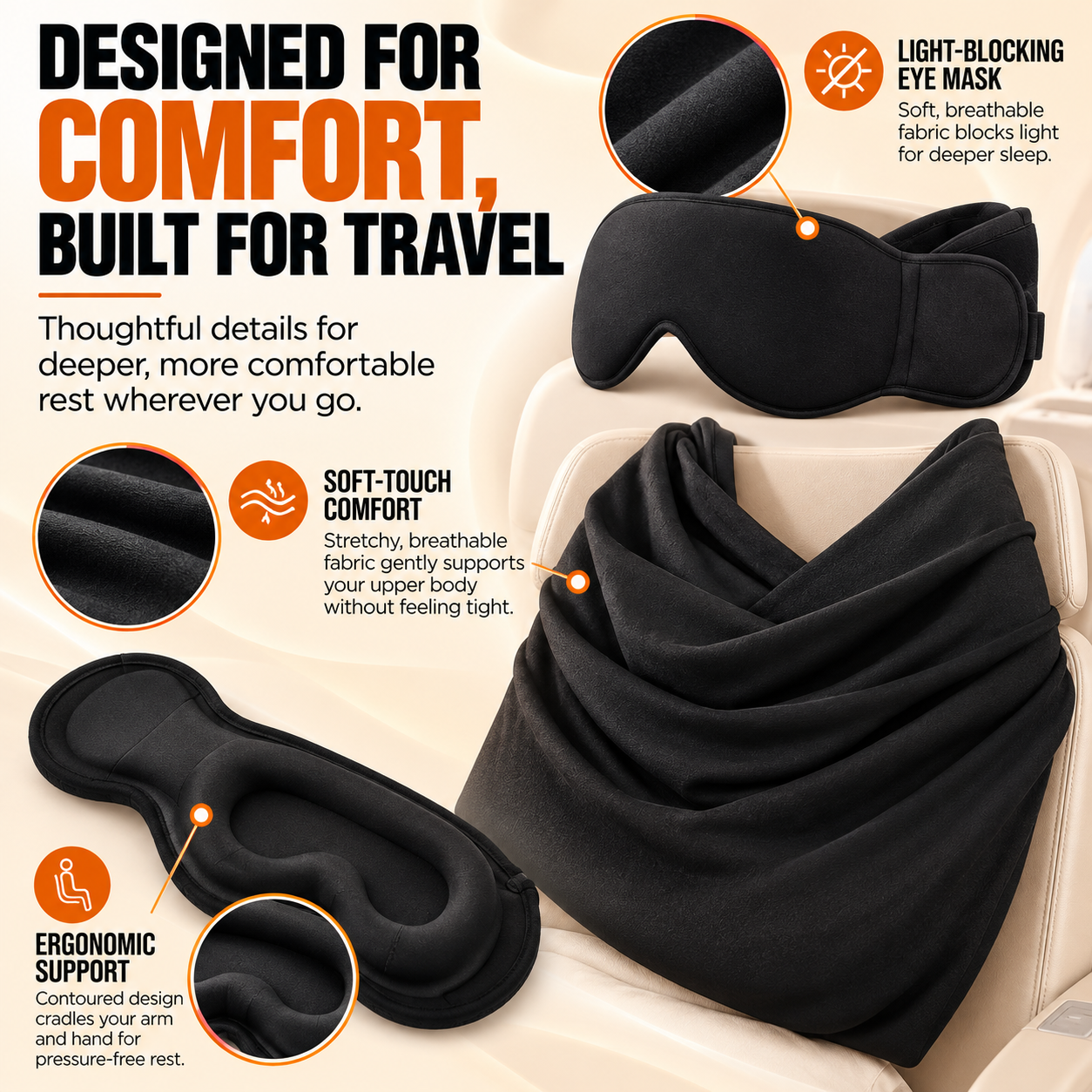 3-in-1 Travel Sleep Support System – Head Support, Eye Mask & Arm Rest