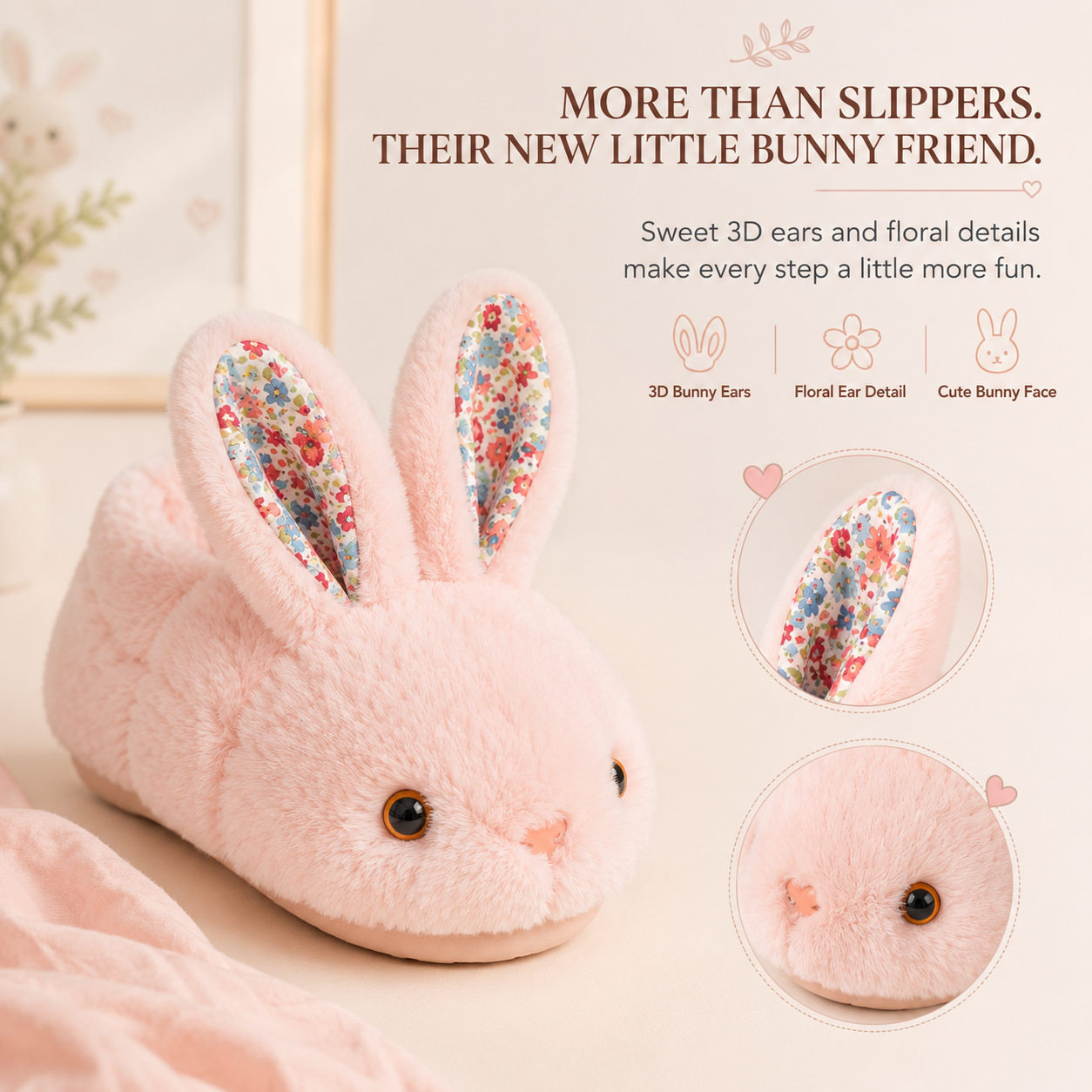 Cozy Bunny House Slippers for Kids – Plush 3D Ears, Floral Details & Textured Indoor Sole