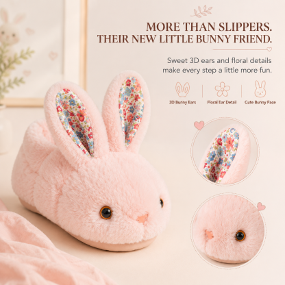 Cozy Bunny House Slippers for Kids – Plush 3D Ears, Floral Details & Textured Indoor Sole