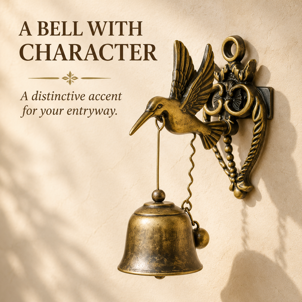 Antique hummingbird wall bell with hanging bell and decorative chain detail