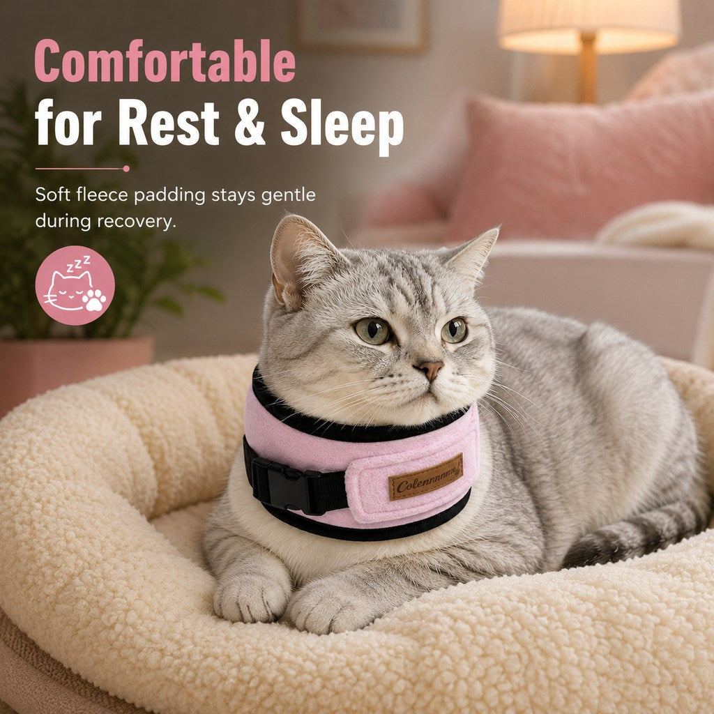 Soft Cat Recovery Collar for Post-Surgery Care - Adjustable Anti-Lick Fleece Neck Wrap